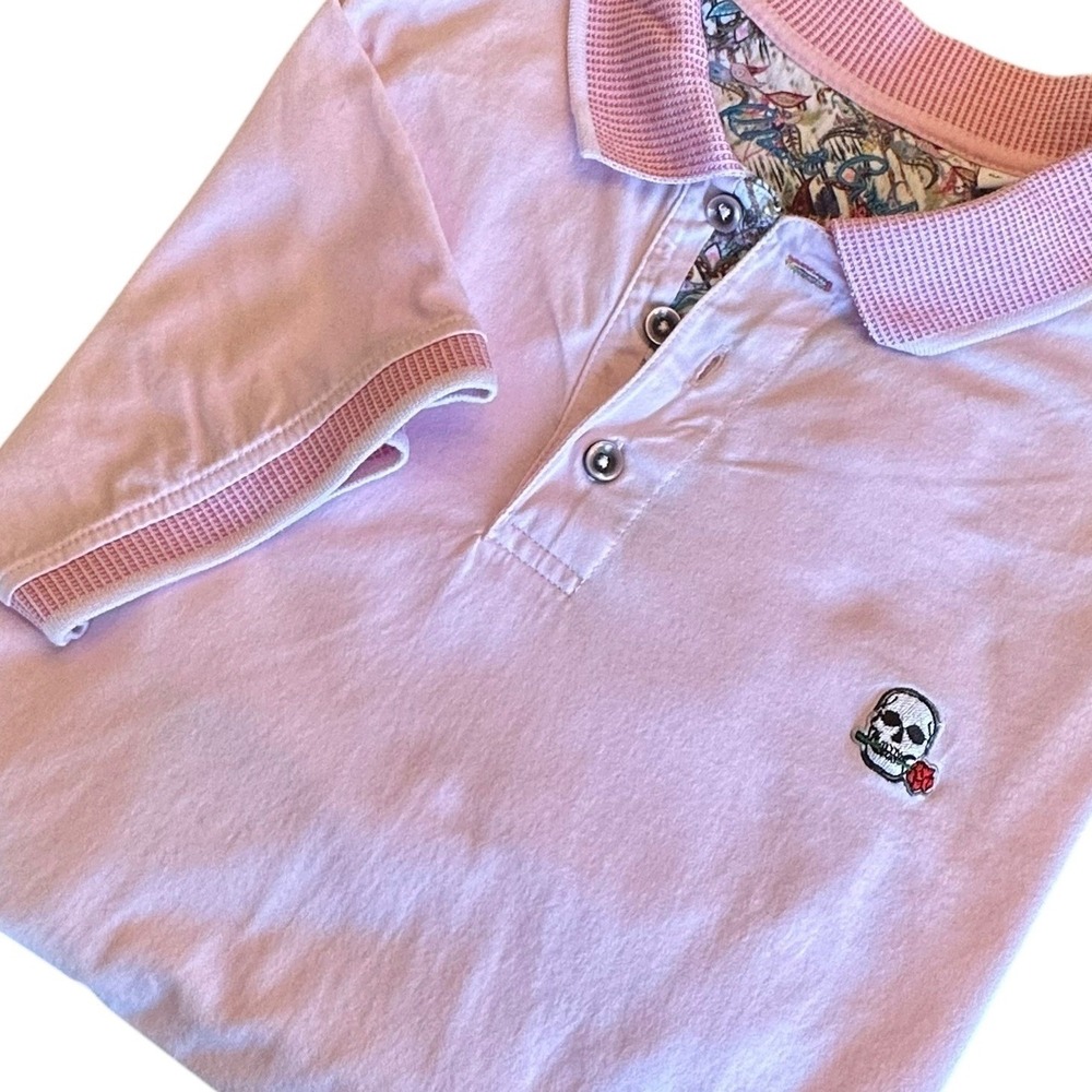 Robert Graham Polo Men's L Pink Skull Rose Polo Shirt Classic Fit Cotton Casual